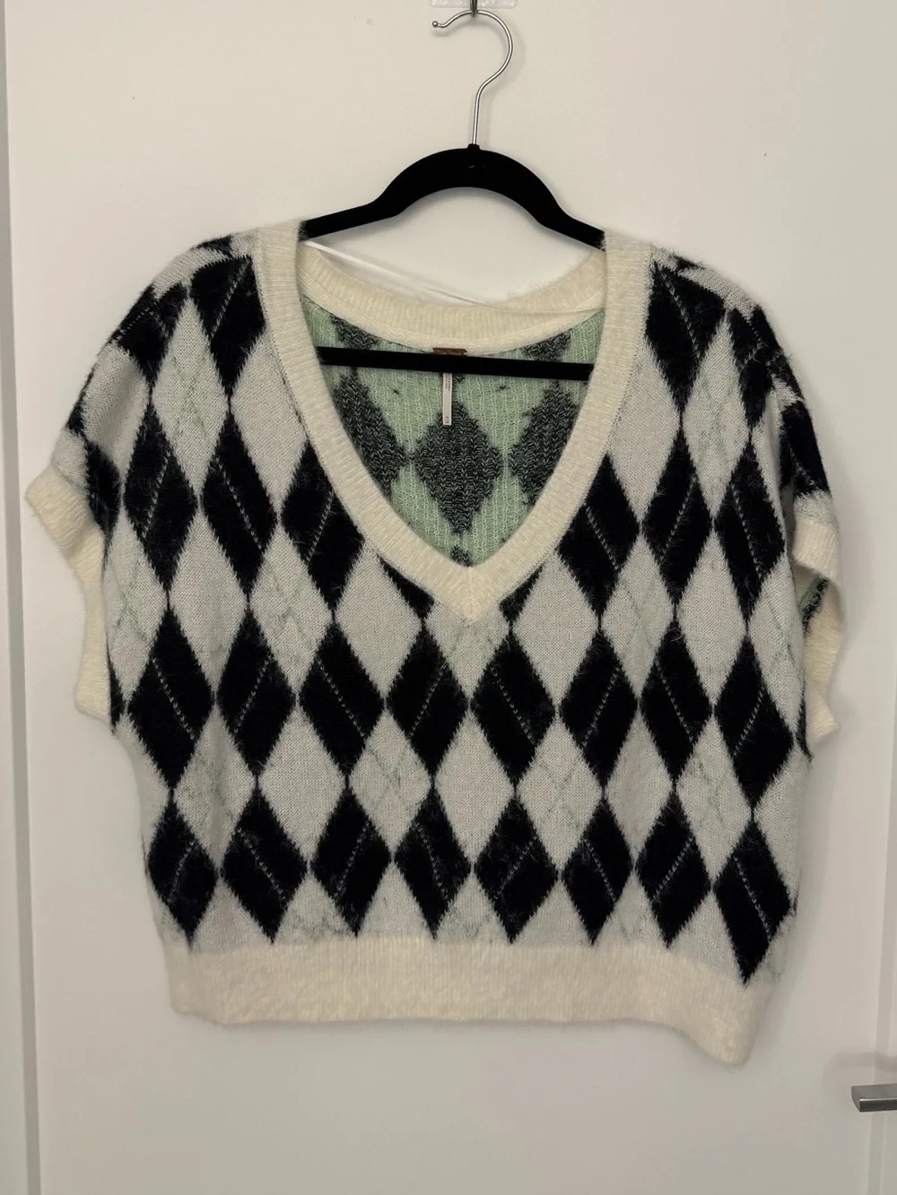 Free People Through The Motions Cropped Black-White Argyle Plaid Sweater Vest